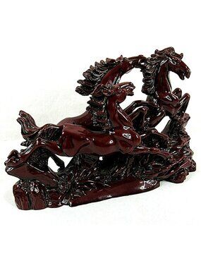 Vintage Chinese Wild Horses Galloping Statue Red Cast Resin Sculpture Feng Shui